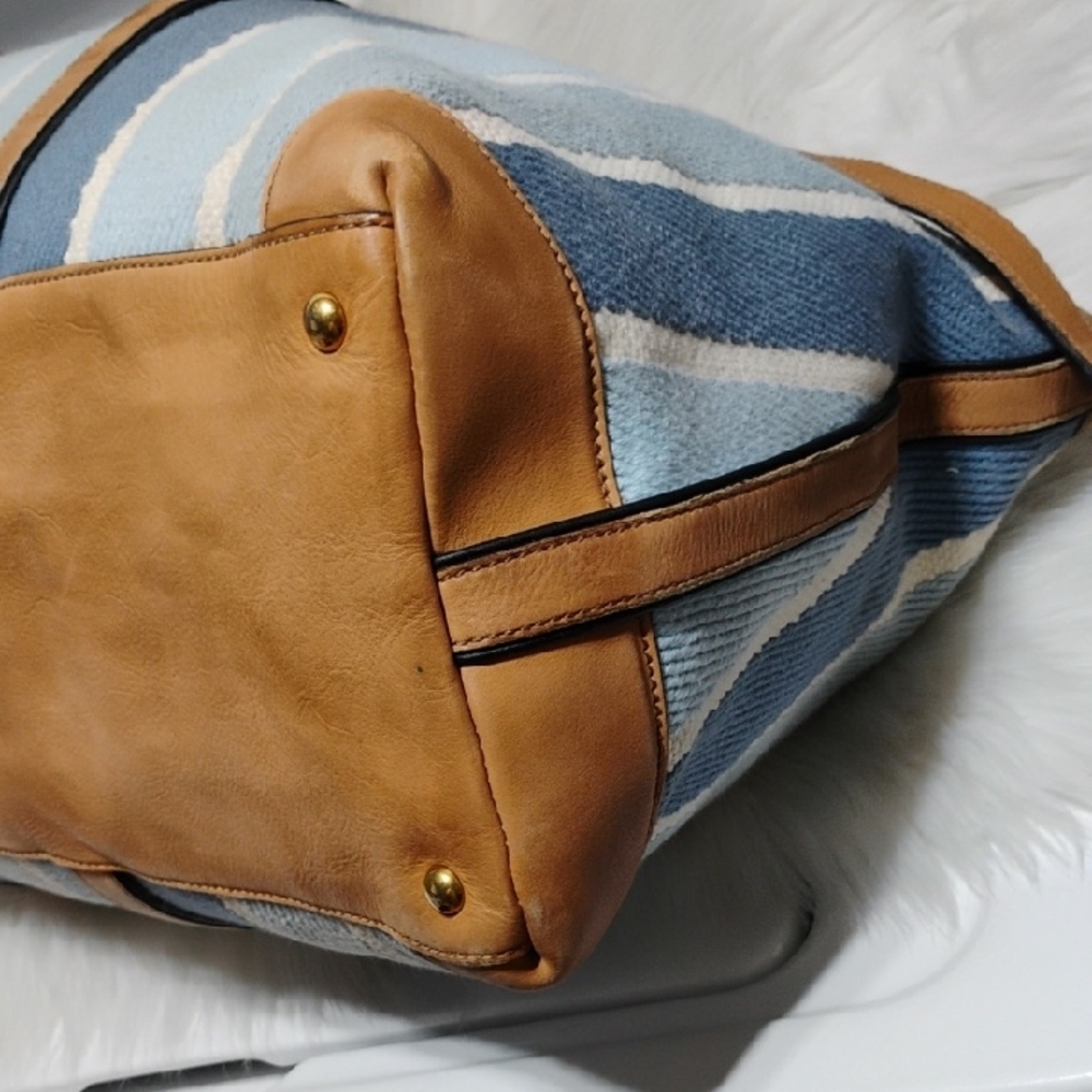 SALE! Auth Gucci Blue & White Striped Leather Trim Travel/Duffle Bag W Strap - Picture 8 of 16